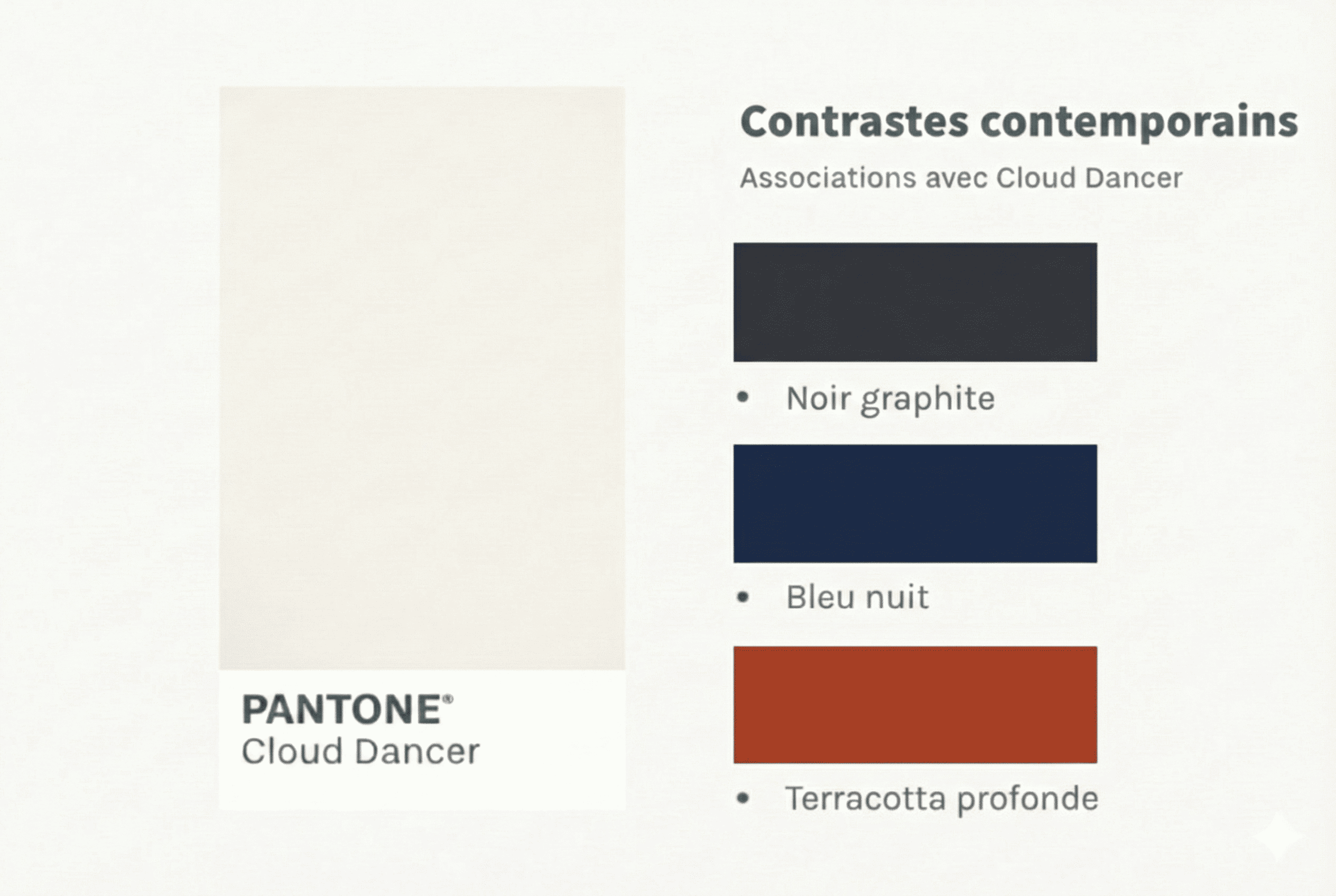 Palette contemporaine associant Pantone Cloud Dancer à un noir graphite, un bleu nuit et une terracotta profonde