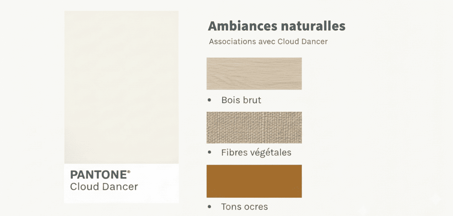 Palette naturelle associant Pantone Cloud Dancer à du bois brut, des fibres végétales et des tons ocres