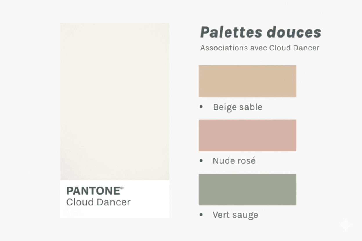 Palette douce associant Pantone Cloud Dancer à un beige sable, un nude rosé et un vert sauge