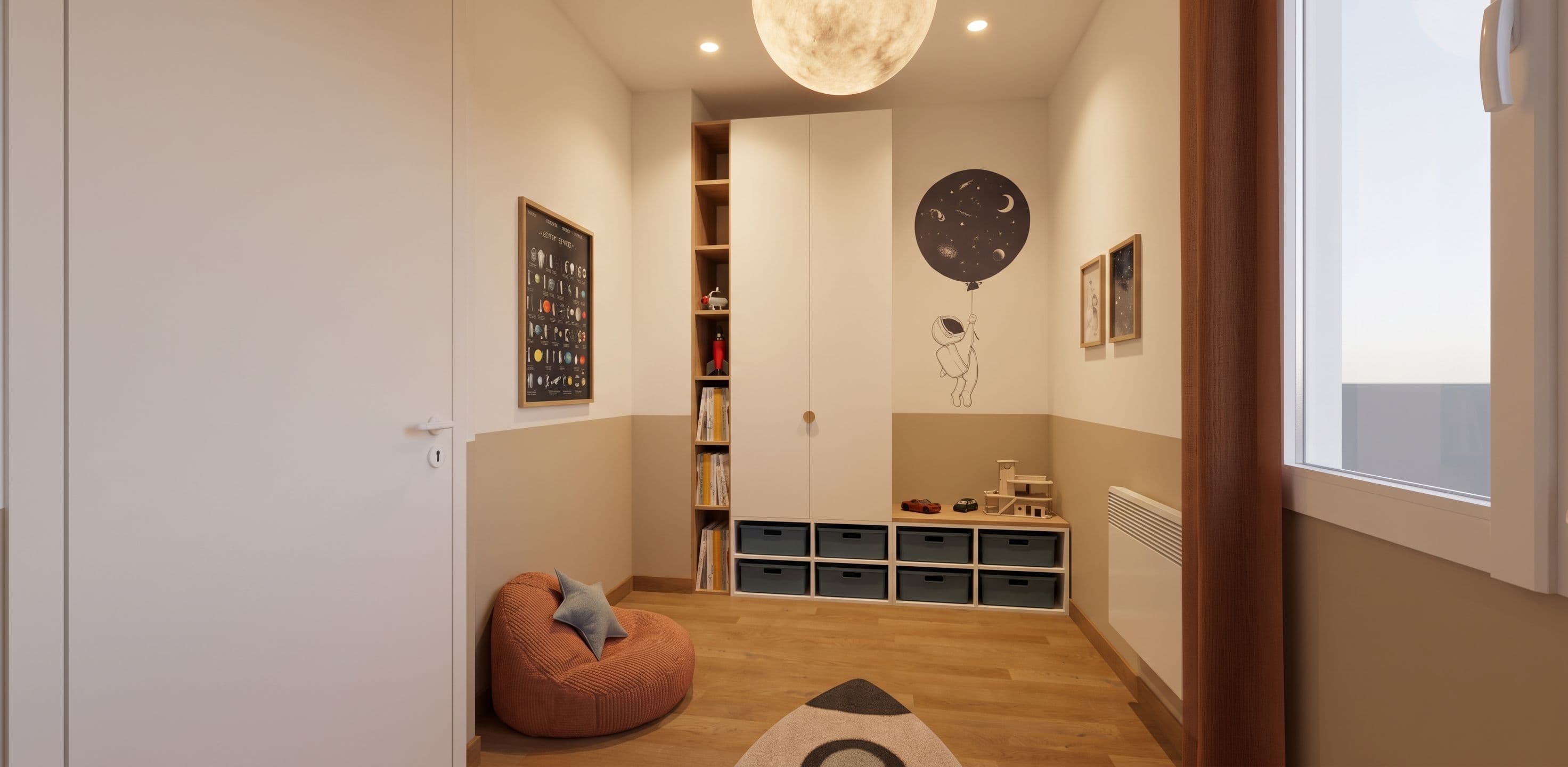 Rangements et fresque murale lune, chambre d'enfant, projet Joncherettes