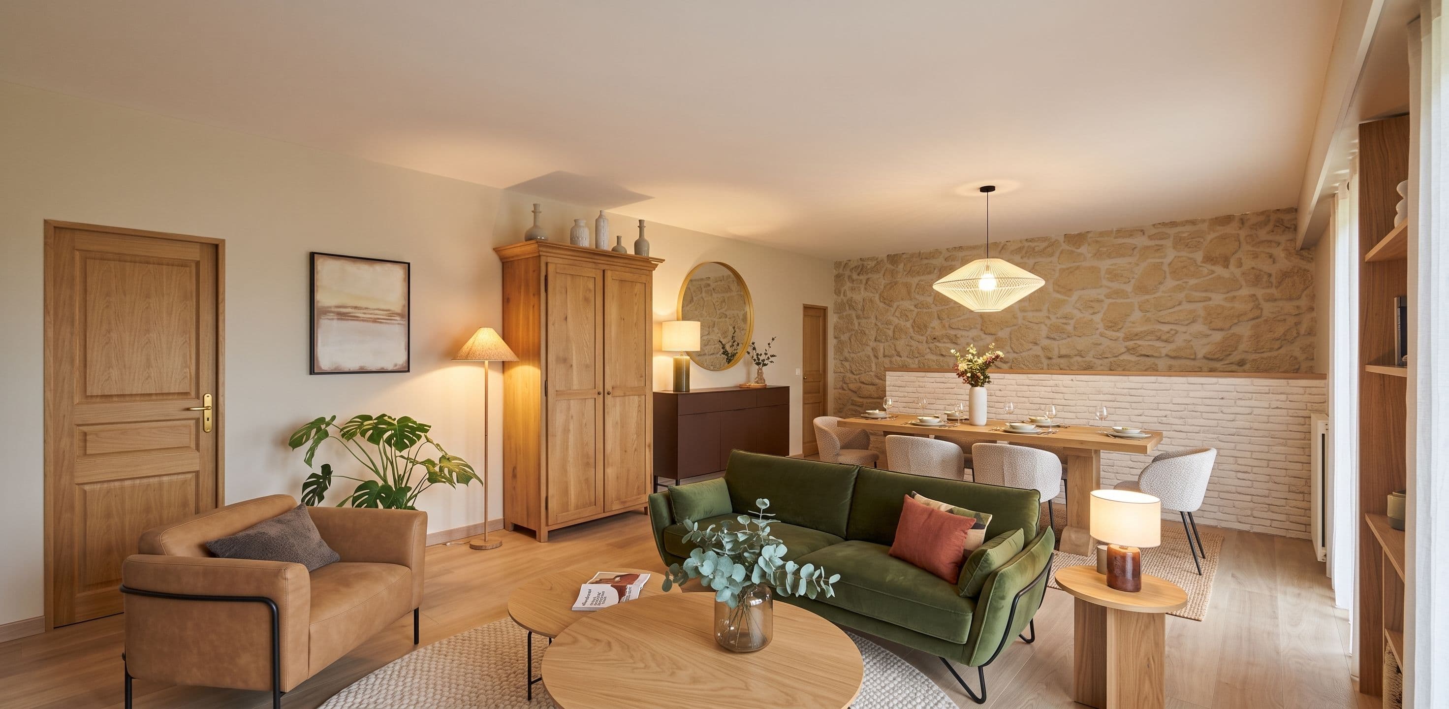 Séjour et salle à manger avec mur en pierre apparente, projet Lozère