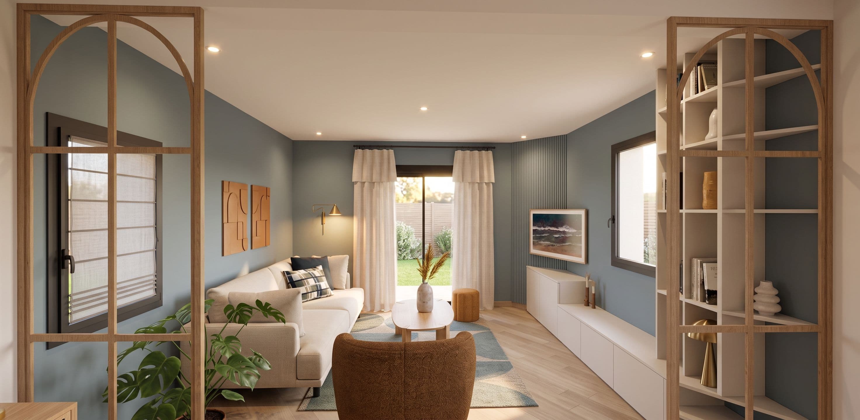 Aménagement de salon moderne avec canapé beige, fauteuil bouclé marron, claustra en bois et mur bleu canard.
