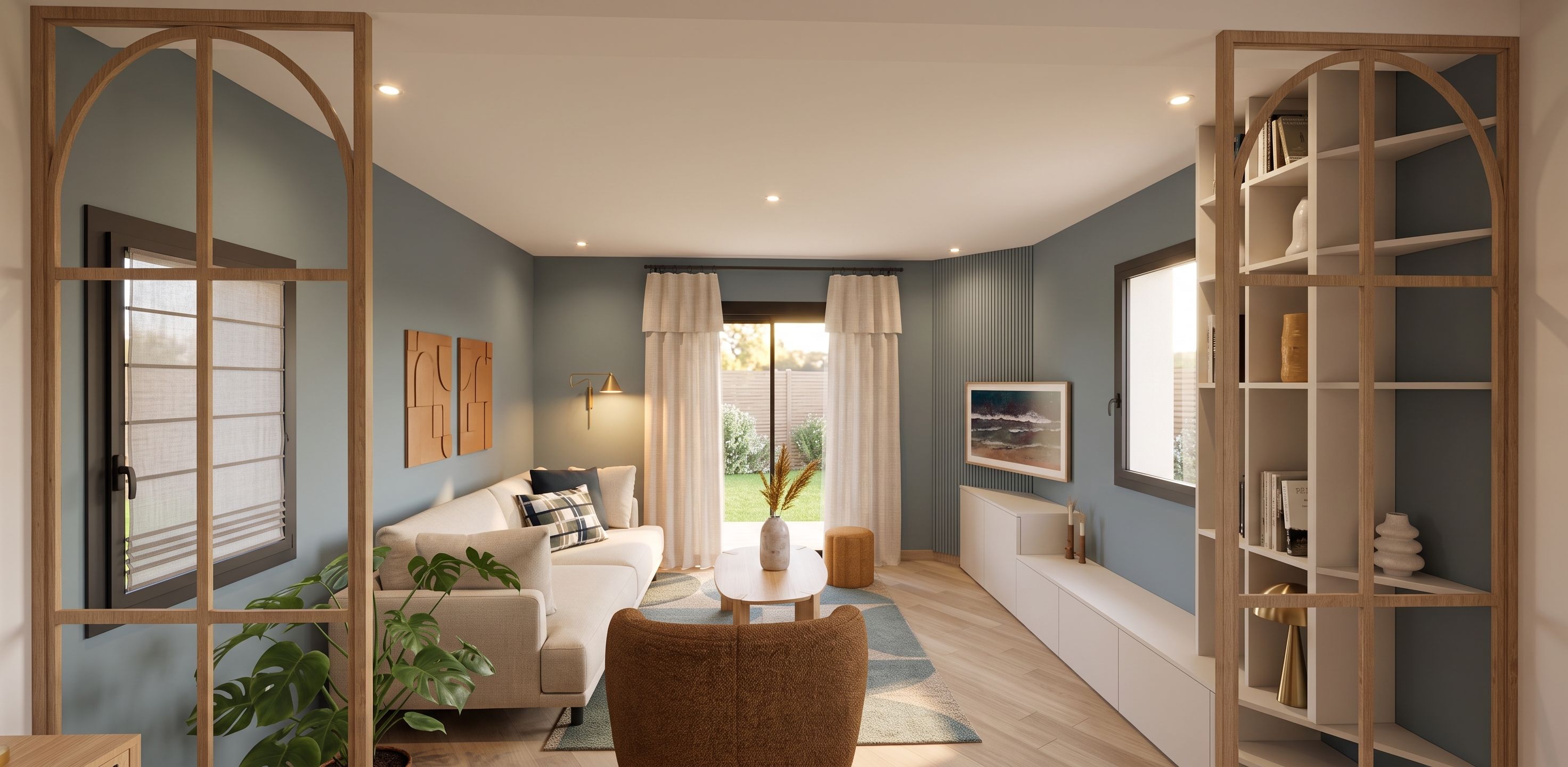 Aménagement de salon moderne avec canapé beige, fauteuil bouclé marron, claustra en bois et mur bleu canard.