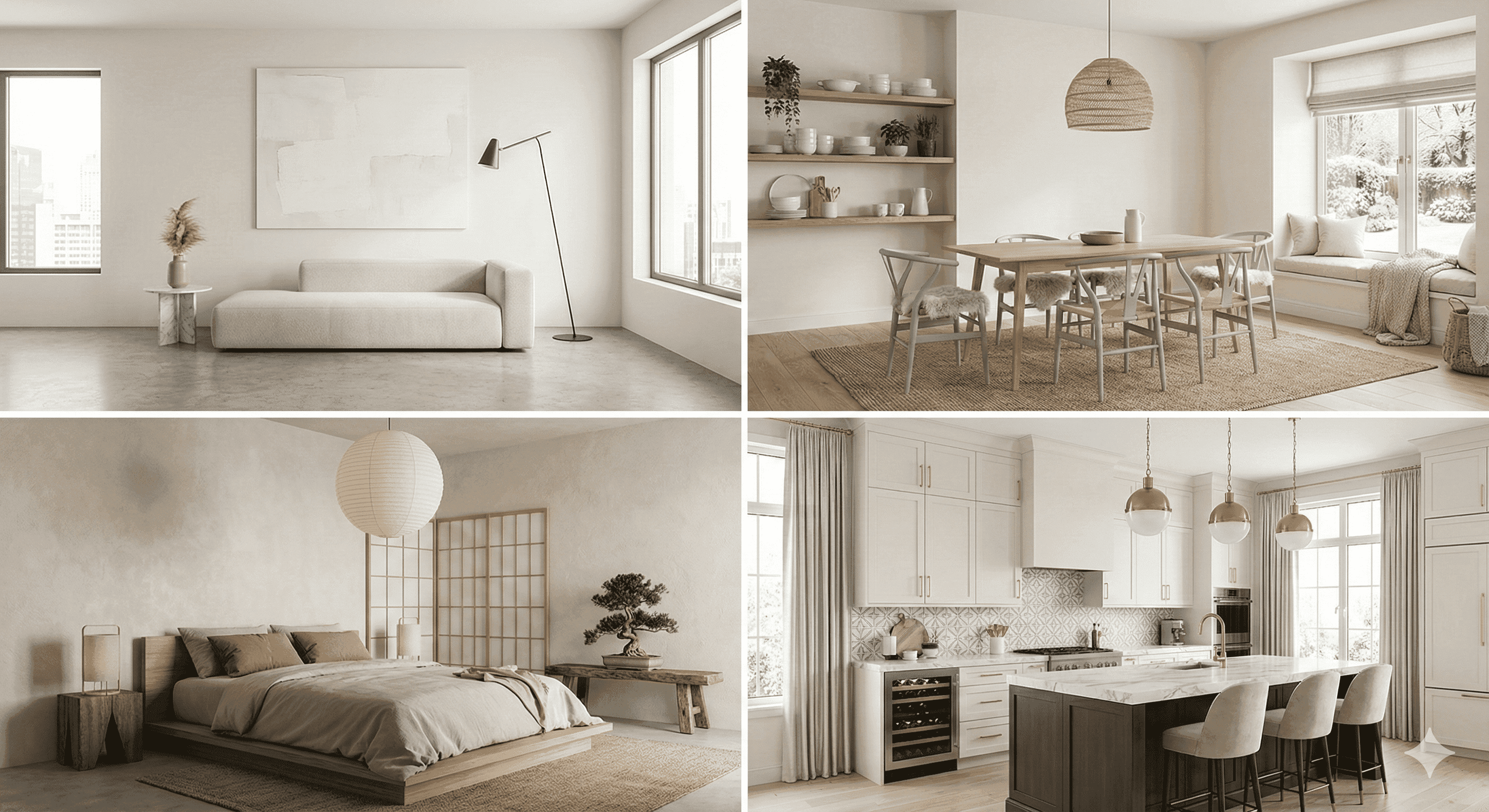 Quatre intérieurs illustrant les styles minimaliste, scandinave, japandi et moderne-chic