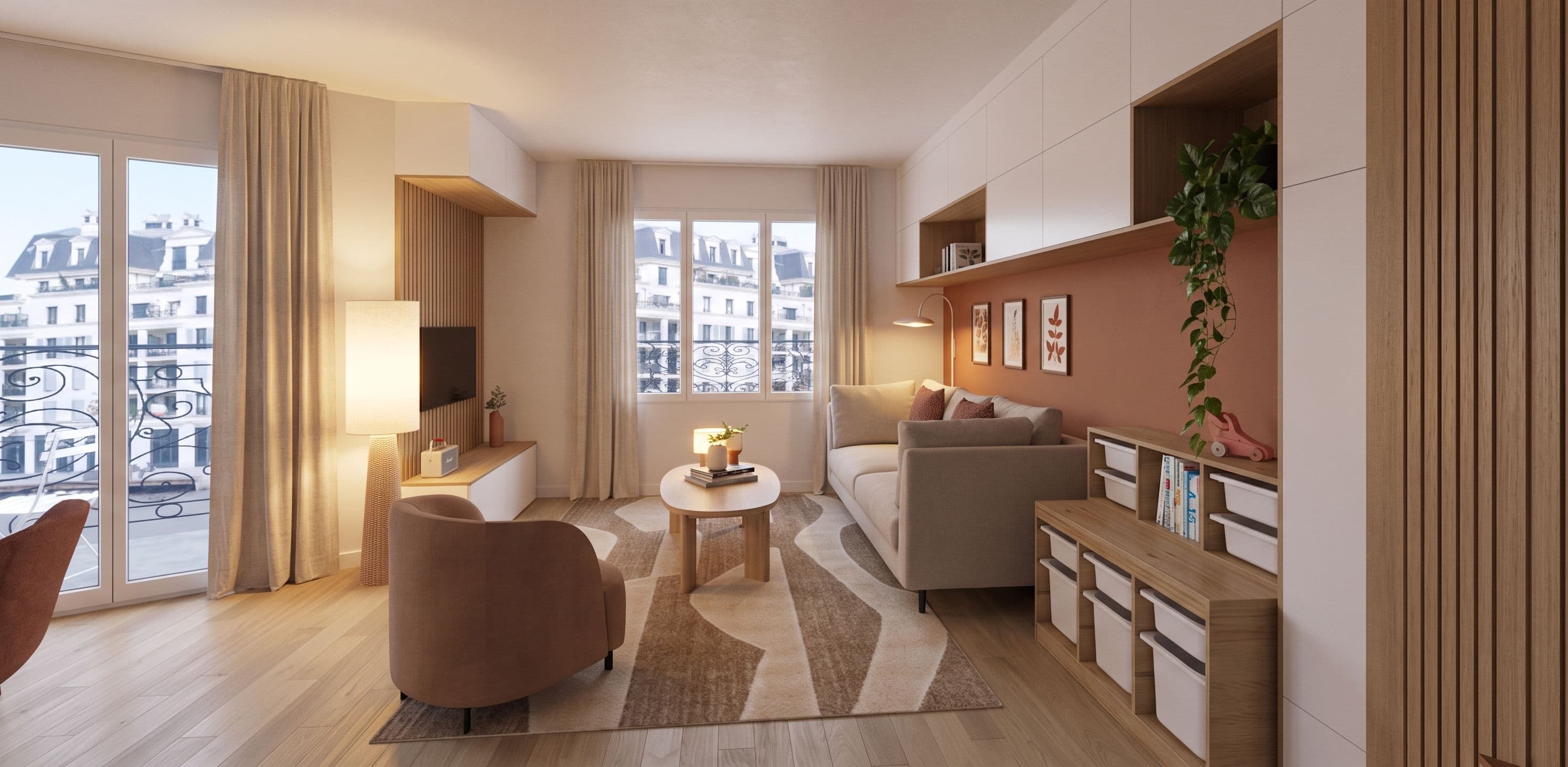 Séjour avec mur terracotta, rangements enfant et balcon, projet Clamart